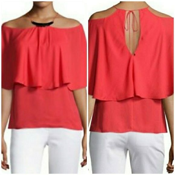 Halston Women's Red Flowy Top W Hardware - Picture 4 of 10